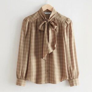 & Other Stories Bow Neck‎ Blouse Size 10 Tan Plaid Button Down Blouson Sleeve